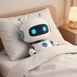 a cute robot tucked into bed