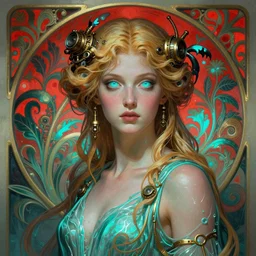 the greek goddess aphrotite, blond hair, body draped in water, steampunk, beautiful glowing eyes, volumetric lights, red and cyan theme, art nouveau botanicals, intricate, highly detailed, digital painting, artstation, concept art, smooth, sharp focus, cinematic, illustration, beautiful face, art by artgerm and greg rutkowski and alphonse mucha
