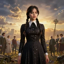 epic beautifull hyper realistic wednesday addams, beauty, golden hour, gorgeous lighting by kim jung giu weta studio, mucha, bautista and norman rockwell and greg rutkowski and tom bagshaw and james gurney and lucasfilm