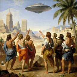 : „a painting of a group of people outside in tropical desert Atlantis city pointing at a UFO in the sky, an ultrafine detailed painting by Giovanni Paolo Pannini, cg society, renaissance, da vinci, detailed painting, academic art“