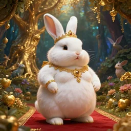 Rabbit deity, fat figure,Cute, elegant, furry, white, gold, warm, wearing a crown, bracelets and necklaces, red carpet, figure, realistic, hair detailing, background is heavenly,wonderland at night, The light in the deep forest full of mythical creatures of the picture, according to European art, Golden Sacred Tree, Golden Apple, Flower Garden,Hyper realistic render. Den noise. Volumetric Lighting. Dynamitc Lighting. Unreal Engine. octane. Hyper Cinematic lighting