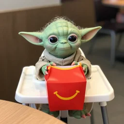 yoda sitting in a high chair at a table in a mcdonald's, red happy meal box, 3 5 mm, f / 2. 8