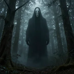 a dark foggy forest, a very tall faceless monster standing amongst the trees, style of alexandre chaudret, horror, dark fantasy, detailed, artstation, 4 k