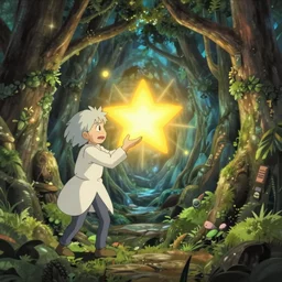 unrealistic interior shot from howls moving castle ( 2 0 0 4 ) of a scientist warping out of a shining bright star in a woodland pyramid valley. cartoon depth of field.
