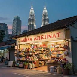little india sundry shop with kuala lumpur twin towers in the background, evening, highly detailed matte painting, studio ghibli, artstation