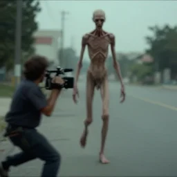 Skinny tall creature chasing a cameraman, 1990 colored vhs footage, blurry, creepy