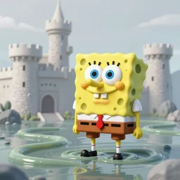 pop - wonder - nft alien - meat half - tone - art of a sponge - bob - impersonator wading through the goopy - muck and slithering about the castle side delights on a melted cheesy day in a hand - drawn vector, svg, cult - classic - comic - style