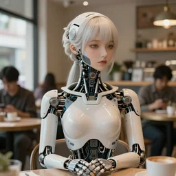 an attractive serene cute android in  a cafe, partially human , partially biomedical design , natural atmosphere, great high details, highly reaslitic,    cinematic lighting, intricate, elegant, super highly detailed, art station, concept arD, beautiful, delicate, art by artgerm and greg rutkowski and alphonse mucha and loish and WLOP