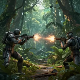 Crysis Nanosuit shooting at enemies in a jungle combat photography 2022, Canon EOS R3, f/1.4, ISO 200, 1/160s, 8K, RAW, unedited, symmetrical balance, in-frame,