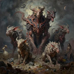 alchemized earthy visceral emotion creatures, surreal dark uncanny painting by ronny khalil