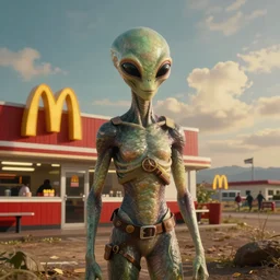 portrait of an alien fast food restaurant by Justin Gerard, war landscape, epic composition, cinematic shot , 35mm