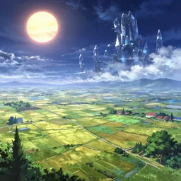 a beautiful very detailed anime illustration of building farmland by ted nasmith, crystal infrared apocalyptic nightsky universe atlantis postcyberpunk morning sun reclaimed by nature steampunk laser at night nightvision forest nature thermal vision magic realism at dawn at dusk retrowave myst flowers, archdaily, wallpaper, highly detailed, trending on artstation.