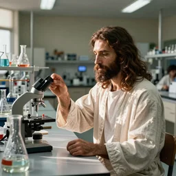 color photography of jesus in a university chemistry lab by hisaji hara