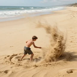 a full shot of a little man made of sand, slowly eroding due to wind, on huge beach, insane, intricate, highly detailed, digital painting, artstation, smooth, sharp focus, illustration, unreal engine 5, 8 k, art by artgerm and greg rutkowski and alphonse mucha