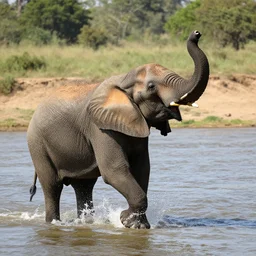 elephant raging across a river