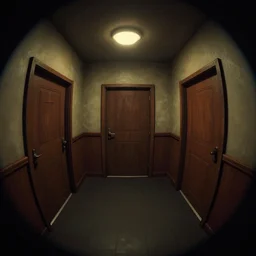 dimly lit, theatre access corridor background, 3 doors, fish eye, video game art