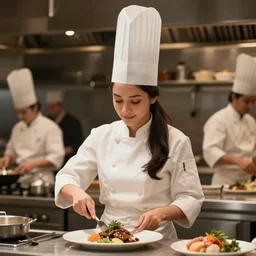 portrait of an attractive female chef ( with very long dark hair tied in a ponytail, wearing a big chef's hat ) cooking a meal, ( ( wholesome, ) ) blurry background of the kitchen of a highend restaurant, bloom, medium shot, waist up, dramatic lighting, in the style of studio ghibli, j. c. leyendecker, greg rutkowski, artgerm