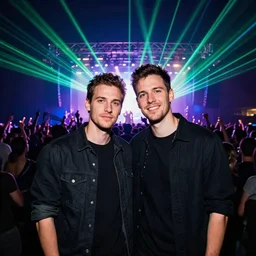 studio portrait of two friends in front of the shot partying at a concert with a crowd and lasers, by jeremy mann