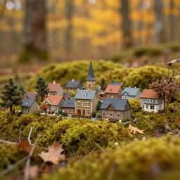 dream a miniature village in a forest, tilt - shift, moss, autumn, warm colors, photography, depth of field