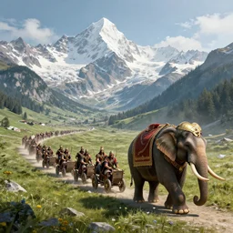 Swiss Alps and convoy of Hannibal with elephant, by Greg Rutkowski, ArtStation, CGSociety, Unreal Engine,