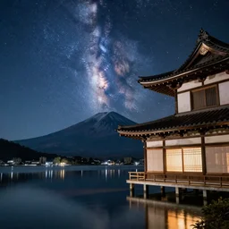 A traditional japanese building underneath the milkyway at night both relfecting inside a lake with a big mountain in the background