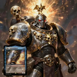 portrait of warhammer inquisitor, skulls, imperial, miltary, helmet, magic the gathering card