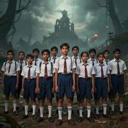 kerala school kids wearing gender neutral uniform posing for a photo, an epic fantasy, dramatic lighting, cinematic, establishing shot, extremely high detail, photorealistic, cinematic lighting, artstation, matte painting by simon stalenhag, horizon forbidden west