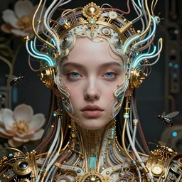 very beautiful woman integrating with technology, full face frontal centered, portrait, insipiring, detailed intricate ornate neon pulsating cables connected to head, very detailed eyes, luxurious detailed abundent wiring and implants, gold and porcelain, renaissance, sci - fi, detailed technology background with cyber flowers and insects, dramatic lighting, photography, highly detailed, artstation, 8 k,