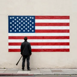 us flag on low wall by banksy