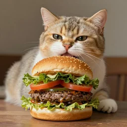 a cat eats a multilayer vegetarian broccoli burger, highly detailed, digital painting, sharp focus, fantasy art