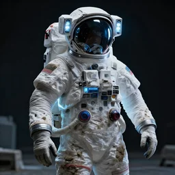 astronaut eva suit covered in filth. the cyber suit is glowing.