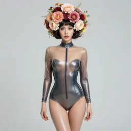 woman in latex bodysuit with a head of flowers