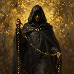 a portrait of a man wearing a long dark cloak, hood and shadows covering face holding golden chains, oil painting, Volumetric Golden dappled dynamic lighting, Highly Detailed, Cinematic Lighting, Unreal Engine, 8k, HD