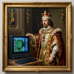 king henry viii building a pc computer electronics screen keyboard case, wearing a crown and royal robes, 17th century detailed oil painting with a gilded frame