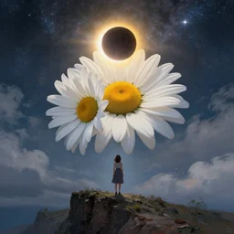 giant white daisy flowers blooming on head, girl standing on cliff, surreal photography, solar eclipse, milky way, dramatic light, impressionist painting, clouds, digital painting, artstation, james gilleard, liam wong, jeremy mann, simon stalenhag