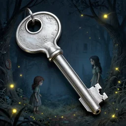 a very large silver key. fine detail. realistic. fireflies. folk horror art style. girl and boy