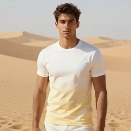 full figure beautiful young fit dark skin man, luminous scene, by greg rutkowski and alphonse mucha, d & d character, gradient white to gold, in front of a dune desert background, highly detailed portrait, digital painting, artstation, concept art, smooth, sharp focus illustration, artstation hq