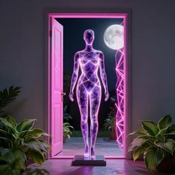 beautiful mannequin sculpted out of amethyst by billelis + lit with 3 d geometric neon + facing a doorway opening with neon pink geometric fractal light + flowering hosta plants!!!, moon in background!, rule of thirds, clean linework, dramatic, award winning, 4 k, trending on artstation, photorealistic, volumetric lighting, octane render