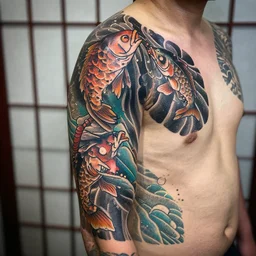 design of the dot work upper body arm and neck tattoo in asian style tattoos, yakuza tattoo, fishes jumping out the water, instagram tattoos, pejczi