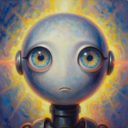 holy saint aura battle robot award winning close - up portrait huge eyes symmetry faded tetrachromacy colors trippy background tim hildebrandt wayne barlowe bruce pennington donato giancola larry elmore masterpiece trending on artstation cinematic composition beautiful lighting hyper detailed!!! 8 k oil on canvas