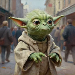 an extremely well painted and super detailed oil painting of yoda looking lost and confused in a crowded soviet era street, professional painting by beeple, dynamic lighting, trending on artstation, octane render, sharp focus