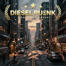 dieselpunk city street in the evening