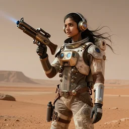 A young Indian female steampunk astronaut, with long hair, on Mars, holding a laser rifle, digital steampunk art