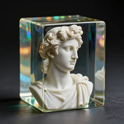 “Glued color glass cubes in the shape of Greek God Apollo, refraction, light shining through, 4k photo”