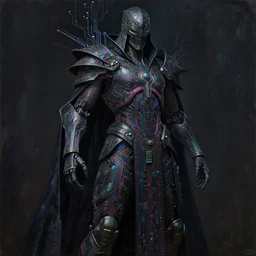 dark cyborg armour cloak entity made of intricate complex circuitry and microchips, iridescent, warrior assassin, black body, colorful, intricate linework, gothic baroque, intimidating athletic, magical, realistic oil painting, artstation, rutkowski, wlop, chebokha, artgerm