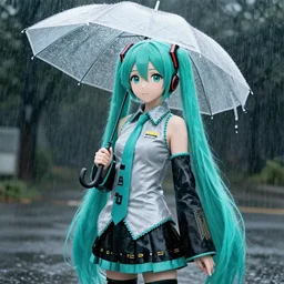 hatsune miku in the rain under an umbrella, by wlop, concept art, poster
