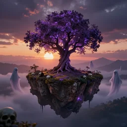 a purple glowing tree on a floating island surrounded by ghosts, sunset, skulls