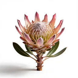 giant protea flower, high detail photograph, full body, isolated on a pure white background, centered, entire subject in frame, sharp focus, soft studio lighting