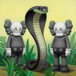 illustration of black mamba between plants by shusei nagaoka kaws, david rudnick, airbrush on canvas, pastell colors, cell shaded