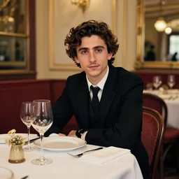 timothee chalamet sitting across table, portrait, fancy restaurant, artwork by gaston bussiere, craig mullins, trending on artstation